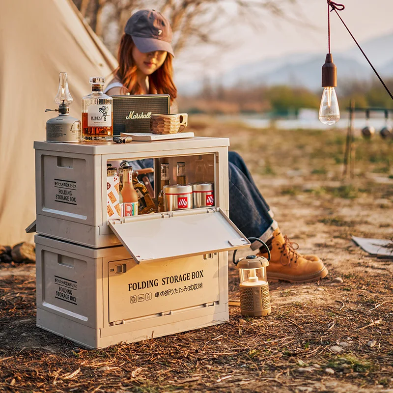 

Outdoor Camping Storage Box, Collapsible Plastic Storage Bins with Wood Lids, for Outdoor Camping Picnic Indoor Home Room Closet