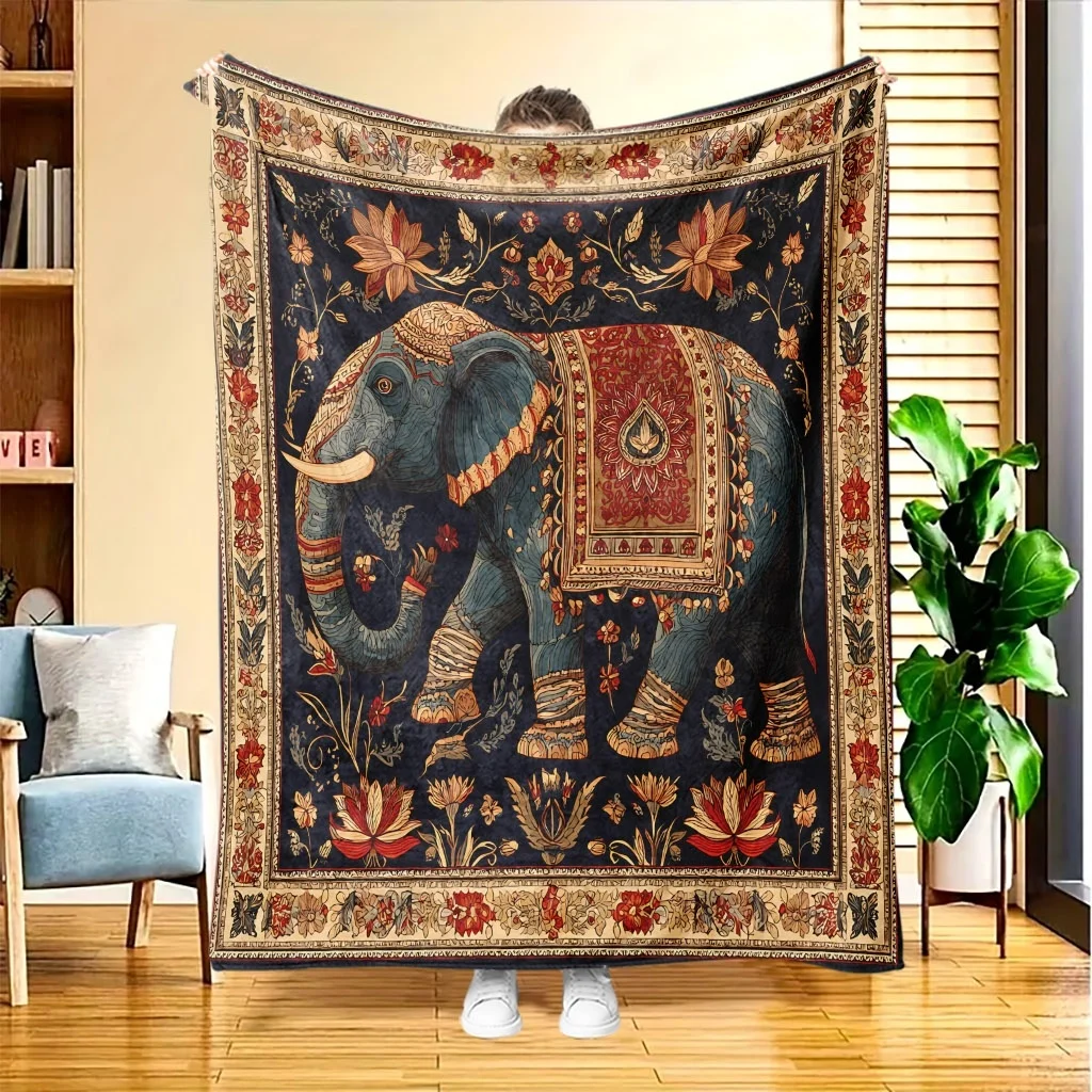 Vintage Bohemian Ornate Elephant Floral Border Dark Navy Base Flannel Throw Blanket Warm Cover For Sofa Ethnic India Decor Gift
