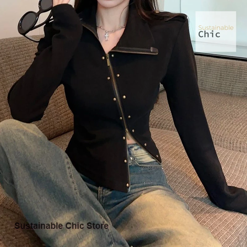 American long sleeve design diagonal double short cardigan zipper sweater women's autumn and winter half-high-necked rivet top