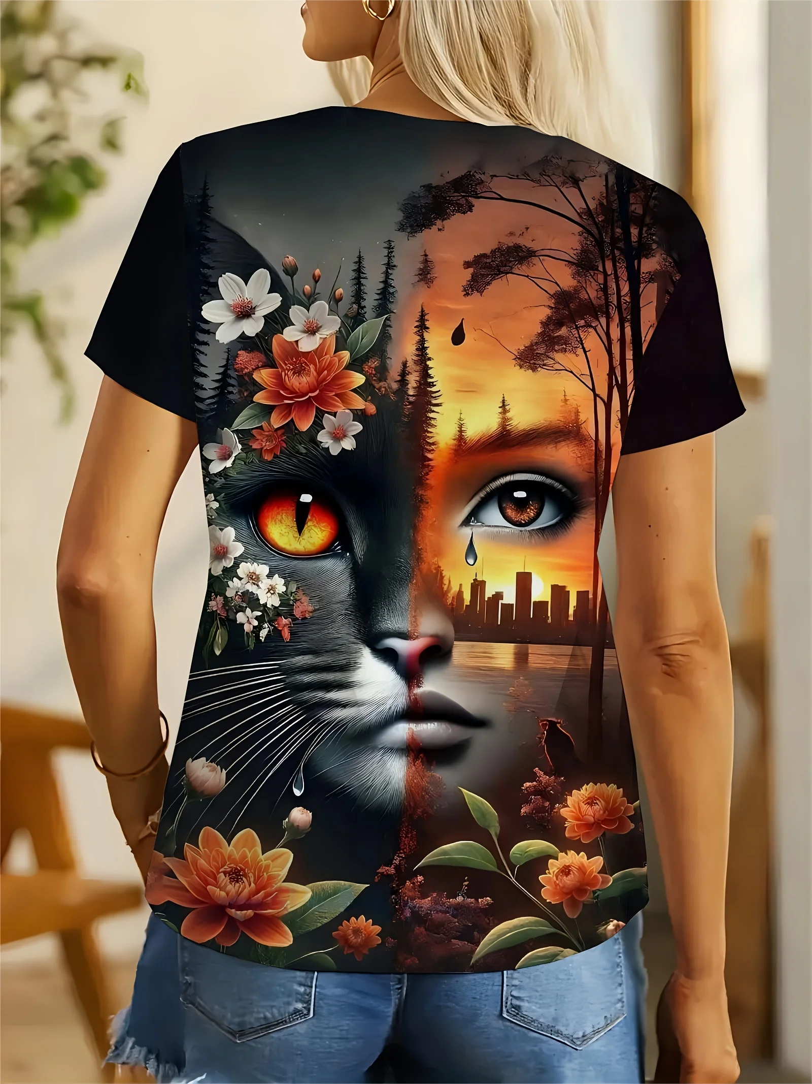 Women Crew Neck Short Sleeve T‑shirt Half Human Half Cat Face Sunset Floral Landscape Art Print Casual Summer Top