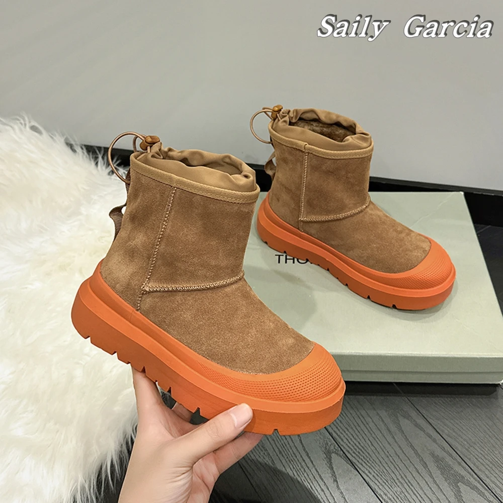 Fur Cow Suede Short Plush Slip On Snow Boots 2023 Winter New Fashion Velvet Keep Warm Boots Round Toe Non-Slip EVA Sole Boots