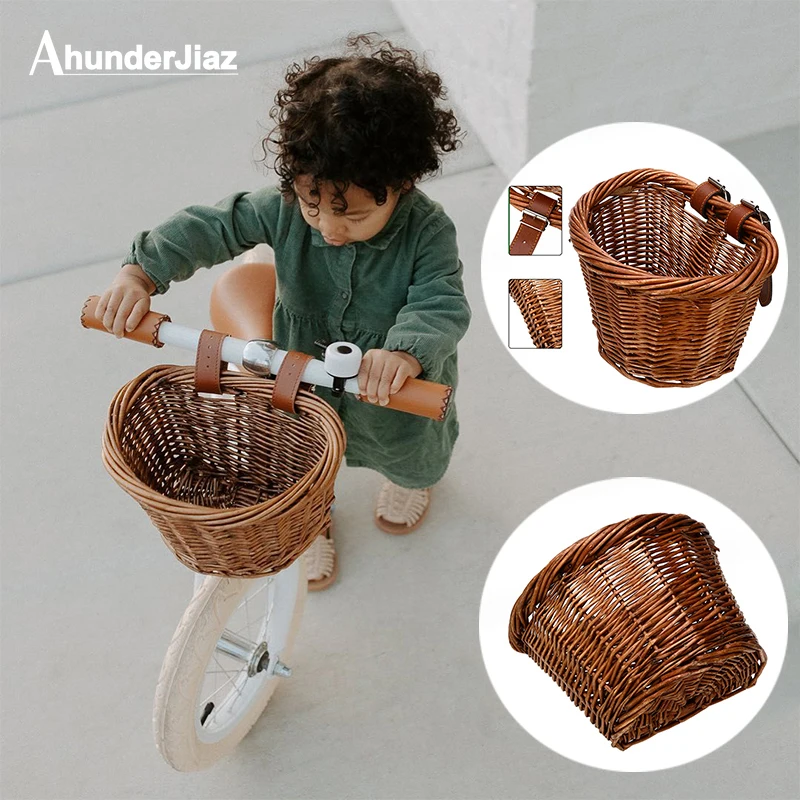 Ahunderjiaz-Vintage Portable Wicker Bicycle Handlebar Basket, Hand Woven, Bike Cargo Storage Container, Home Organization