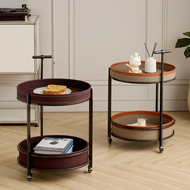 Vintage Mobile Saddle Leather Cart, Living Room Sofa Side Table, Bedroom Snack Tray, Round Storage Trolley, Portable Design