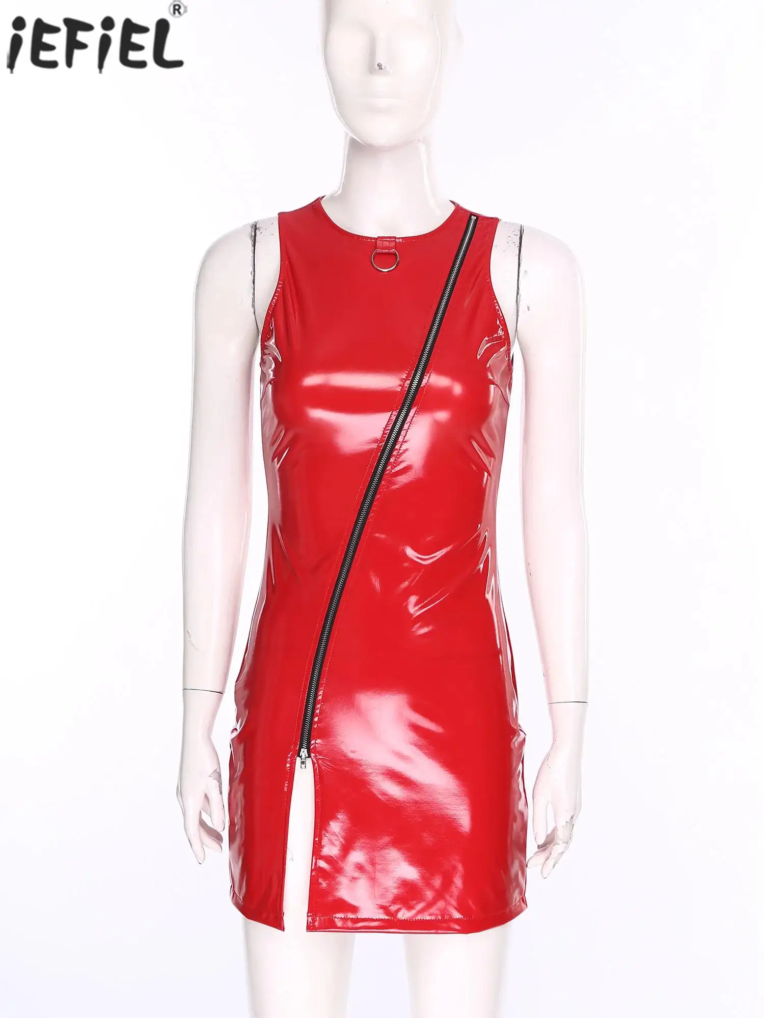 

Women Fashion Wet Look PU Leather Hip Hugging Pencil Dress Slit Hem Bodycon Micro Dress for Raves Party Dating Club Dress