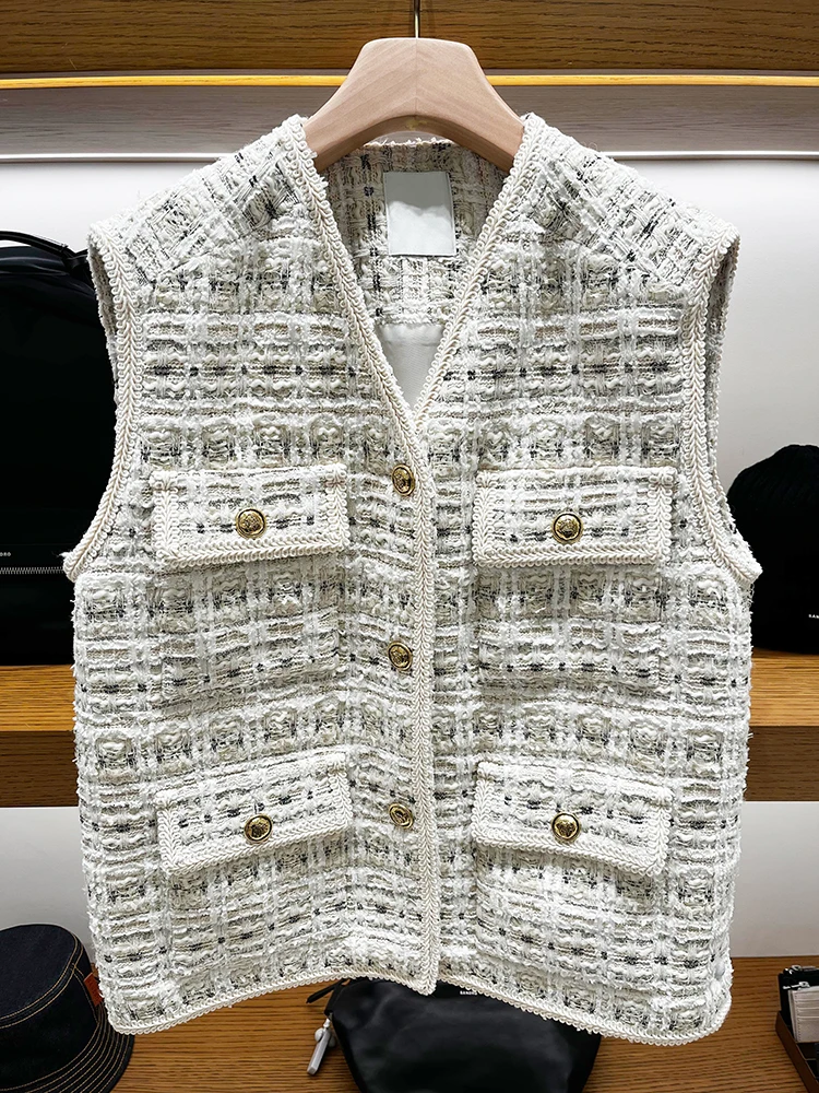 

Ele Winter Women's Vest Plaid Tweed V-ne Quilted ort Length Polyester Fiber Blend Busin Commute Sle Coat