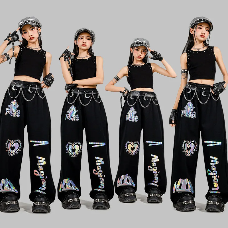 

Kid Kpop Hip Hop Clothing Black Rivet Crop Tank Top Casual Wide Reflective Sweat Pants for Girl Boy Dance Wear Costumes Clothes