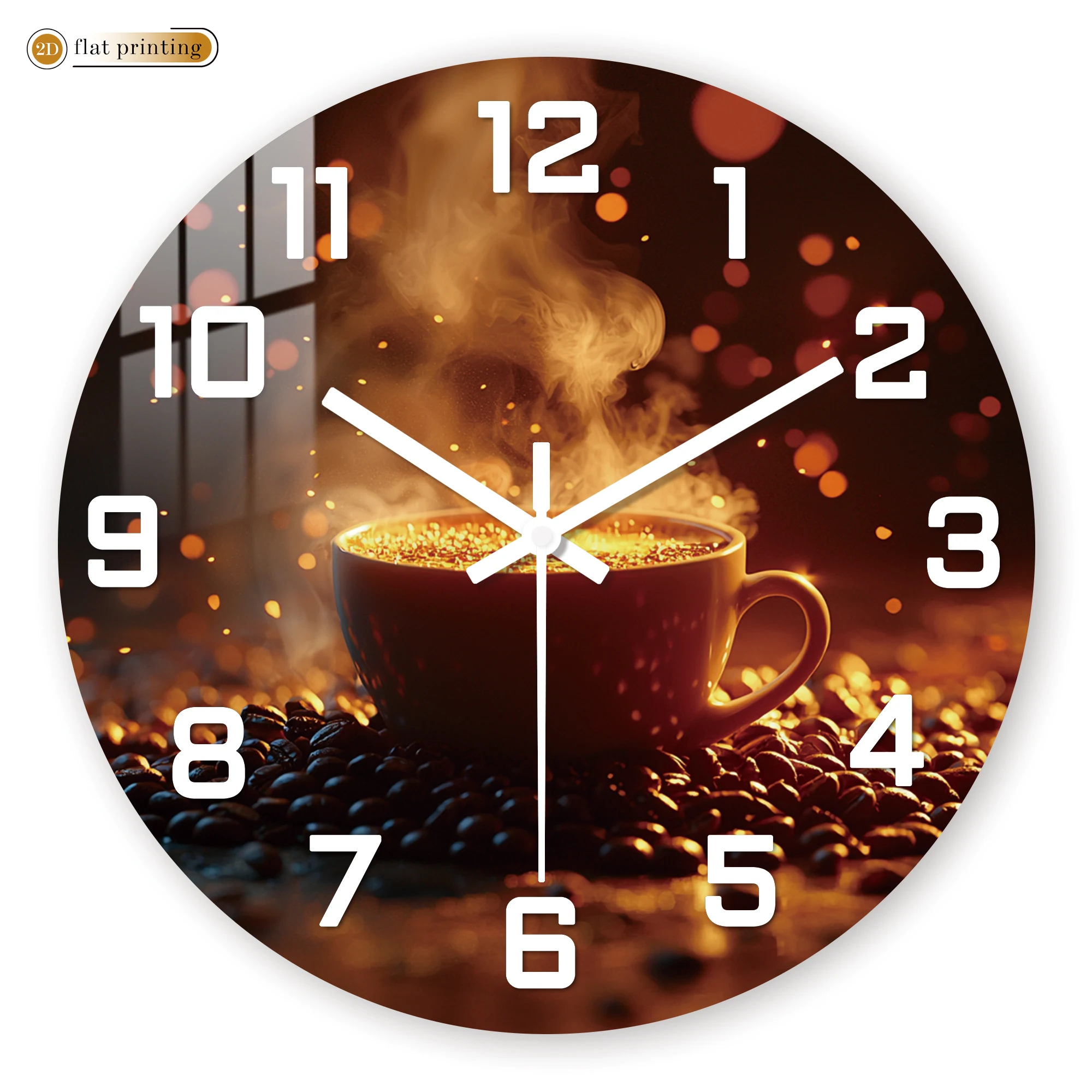 Steaming Coffee Cup Wall Clock - 2D Flat Printed Round Timepiece for Kitchen Decor - Silent Non-Ticking Coffee-Themed Clock