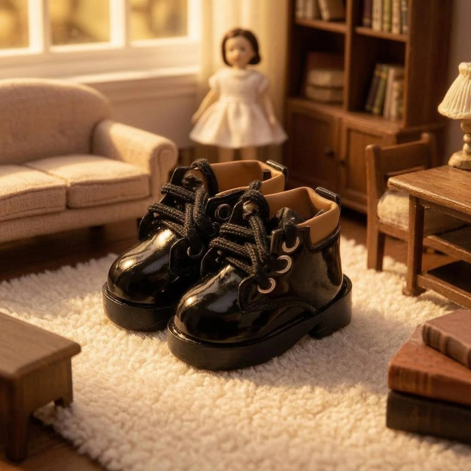 

Black Lace-up Doll Boots Glossy Jointed Doll Boots Toy Item Rounded Toe Low Heel