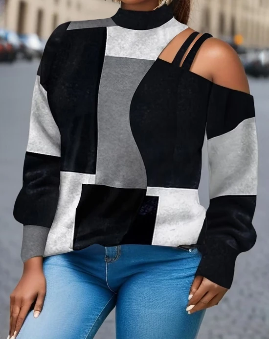 

Women's Blouse Tops Fashion Casual Commuting Geometric Plaid Print Mock Neck Cold Shoulder Strap Long Sleeve Tee Tops