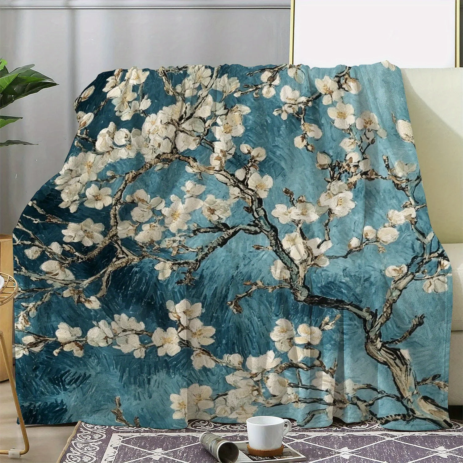 1pc Turquoise Blue & White Cherry Blossom Floral Print Flannel Blanket - Soft Plush All-Season Bedspread, Sofa Throw, Travel Com