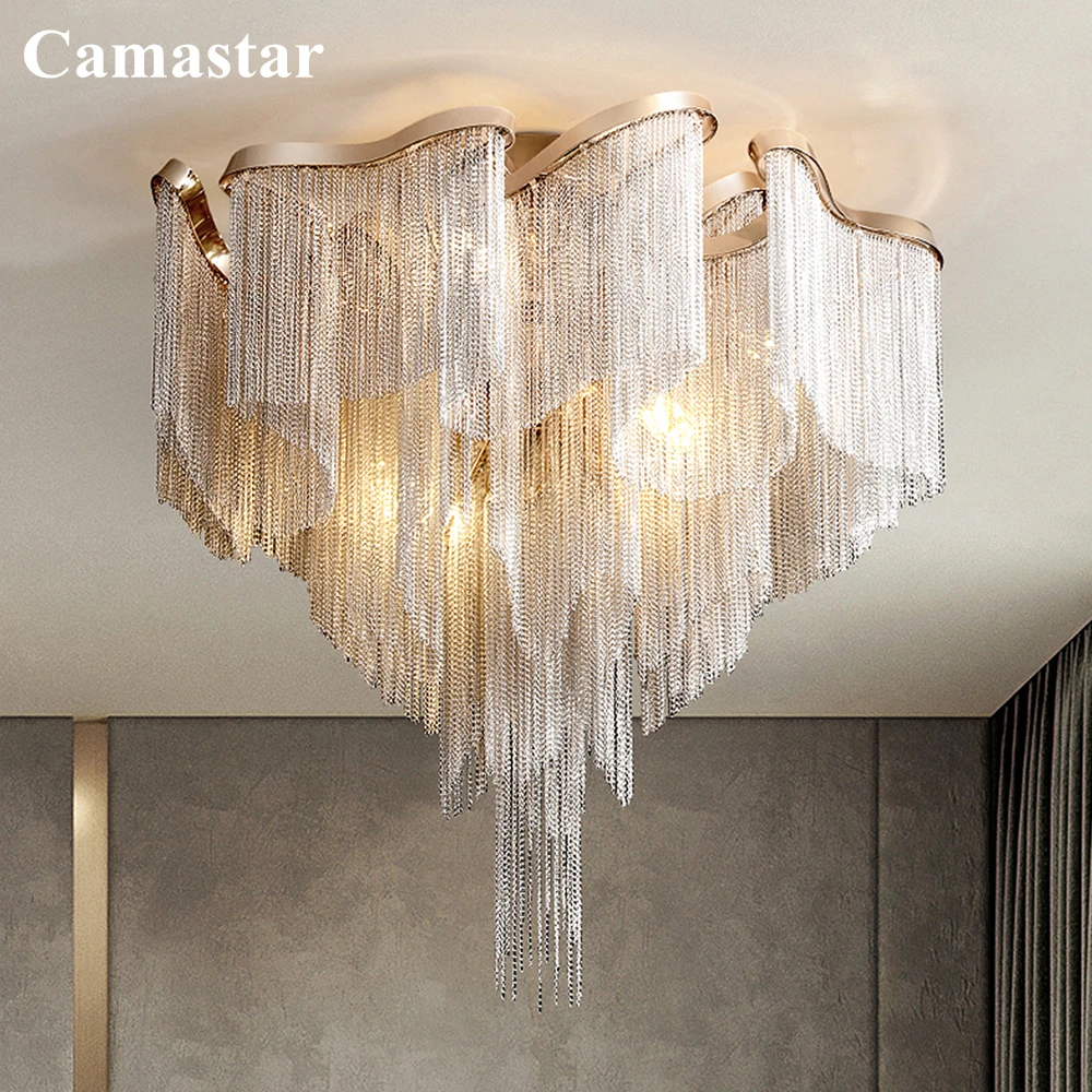 

Luxury Rose Gold Irrecgular Ceiling Chandelier LED Modern Silver Chain Flushmount Home Decor Living Room Tassel Lustre Lamp