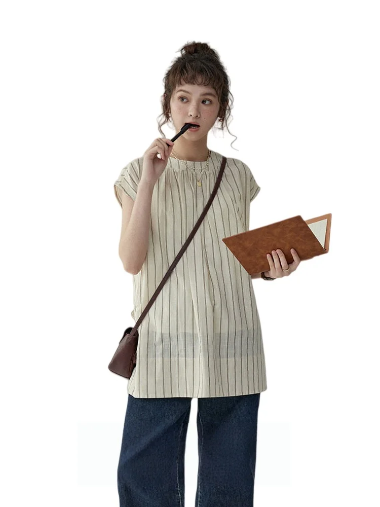 

2026 Summer New Women's Japanese Style Striped Sleeveless Blouse O-Neck Loose Fit Casual Shirt Commute Daily Wear Vintage Tops
