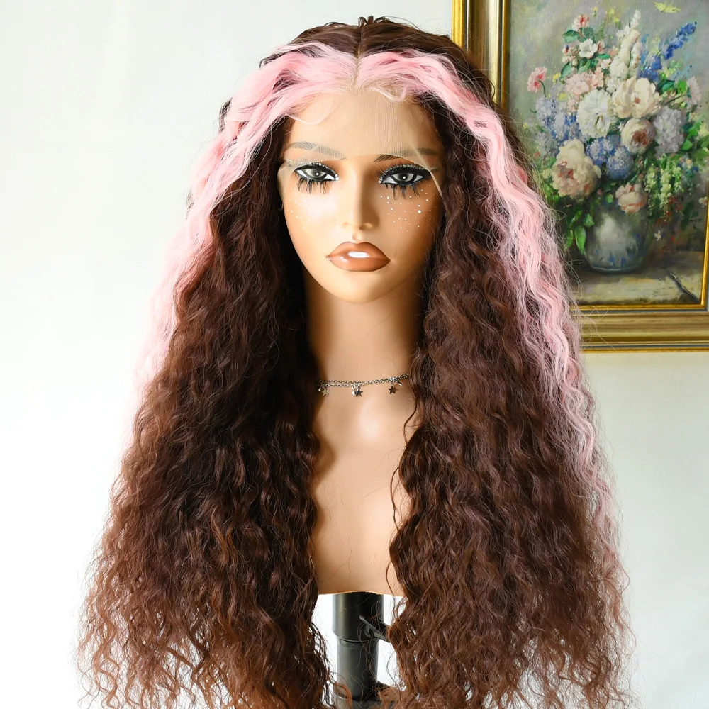 Розовый Выделите Коричневый Парик Прозрачный Кудливый Парик Фронта Шнурка Розовый Коричневый Глубокая Волна 13x4 Hd Парик Фронта Шнурка Синтетический Для Женщин