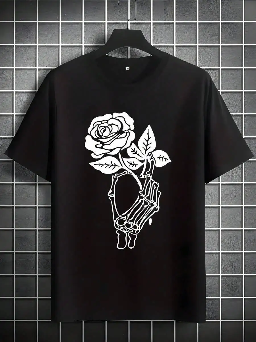 Men's Skeleton Hand Holding Rose Print Tee - Black Summer T-Shirt, Comfortable Regular Fit Round Neck Short Sleeve Top For 100% Cotton Trendy Y2K Short-Sleeve Tee-Soft, Quick-Drying, Moisture-Wicking;  Great Gift for Christmas or Halloween