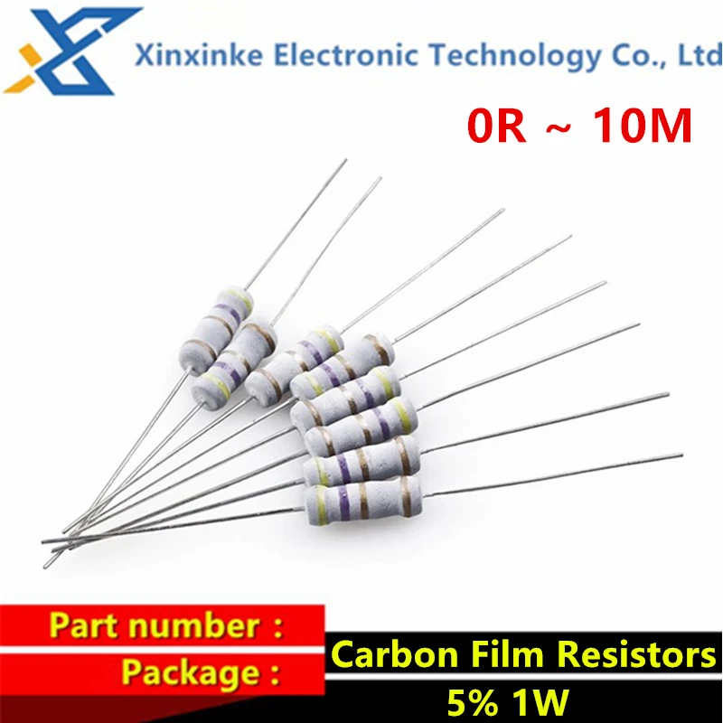 50PCS 1W Carbon Film Resistors 5% 0.1R ~ 10M 2.2R 4.7R 10R 22R 47R 100R 220R 470R 1K 10K 100K 100/160/180/220/470 ohm 1.2M 6.8M