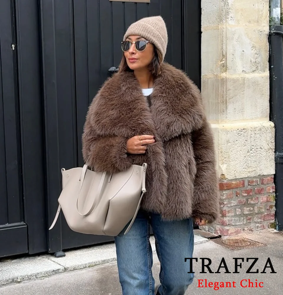 TRAFZA Women Fall Winter Faux Fur Coat Vintage Brown Solid Lapel Shaggy Loose Coat Fall Winter Elegant Luxury High Street Coat