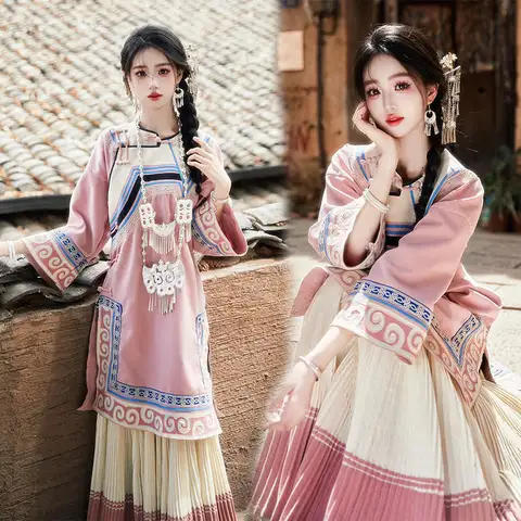 ‌New Hmong Traditional Chinese Clothing - Pink Minority Dress Photography Outfit Costume Hanfu Dress Women
