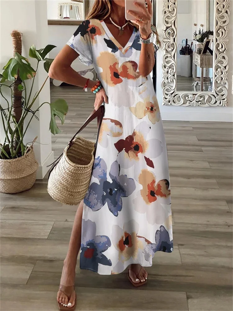 

Summer 2022 New Short Sleeve V-Neck Floral Print Wrap Dress Women Flower Long Dresses Ladies Sexy Beach Holiday Dress Vestidos