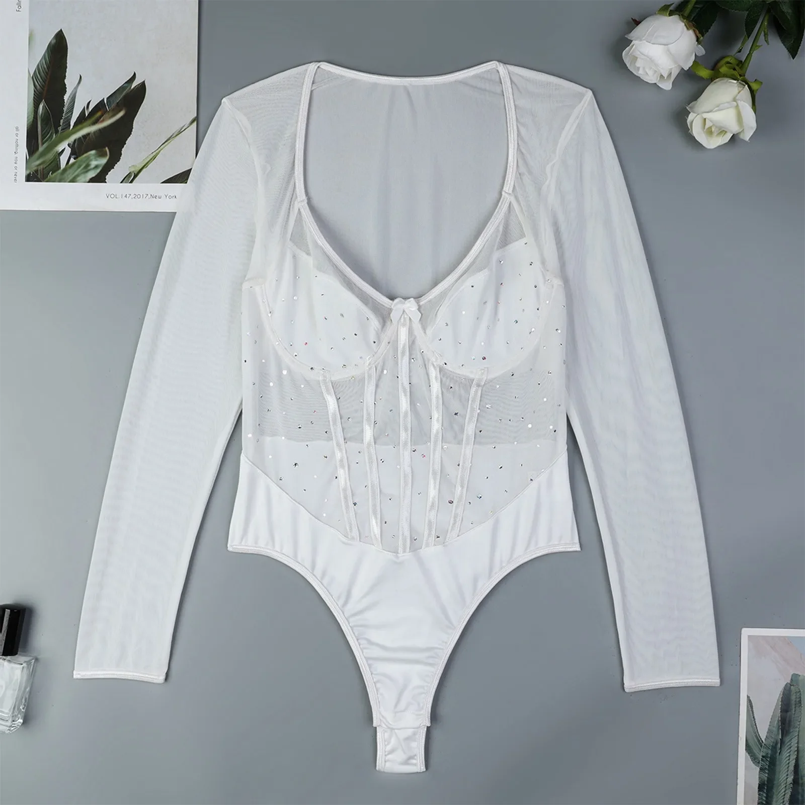 ผู้หญิงหนึ่งชิ้นเซ็กซี่ชุดชั้นในประกายแขนยาวJ Umpsuitเซ็กซี่บอดี้สูทสําหรับผู้หญิงบางเฉียบเซ็กซี่ชุดชั้นในS Hapewear