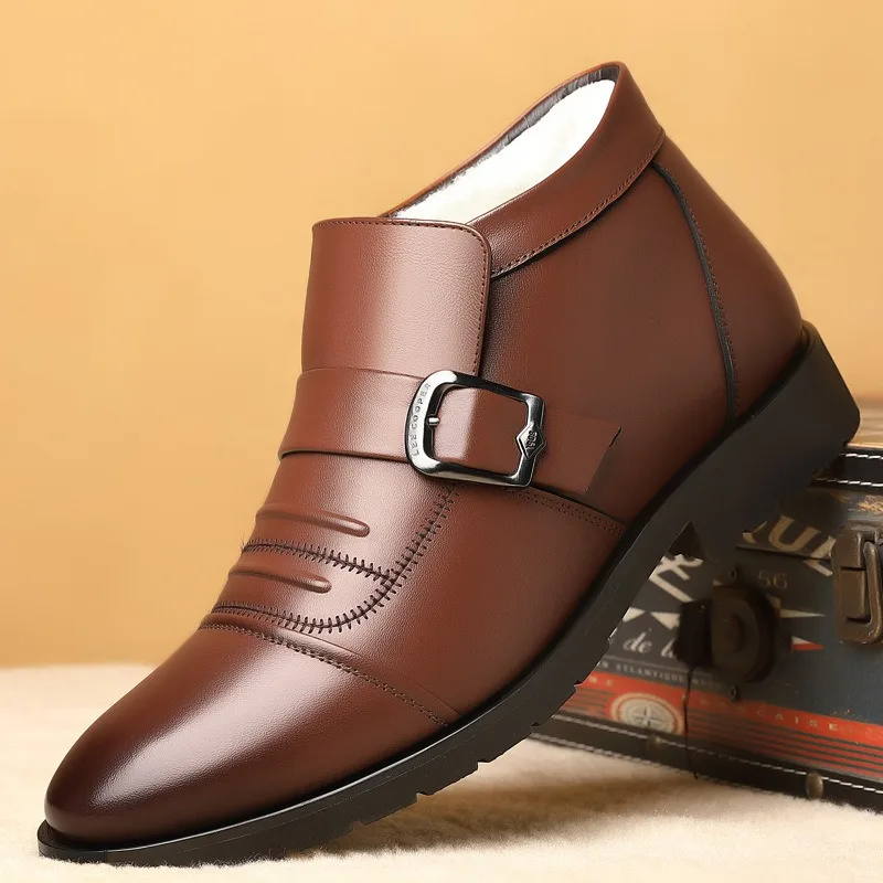 Winter Men's Leather Boots Fashion Business Casual Leather Shoes Thick Plush Warm Snow Boots for Men Winter Ankle Cotton Booties