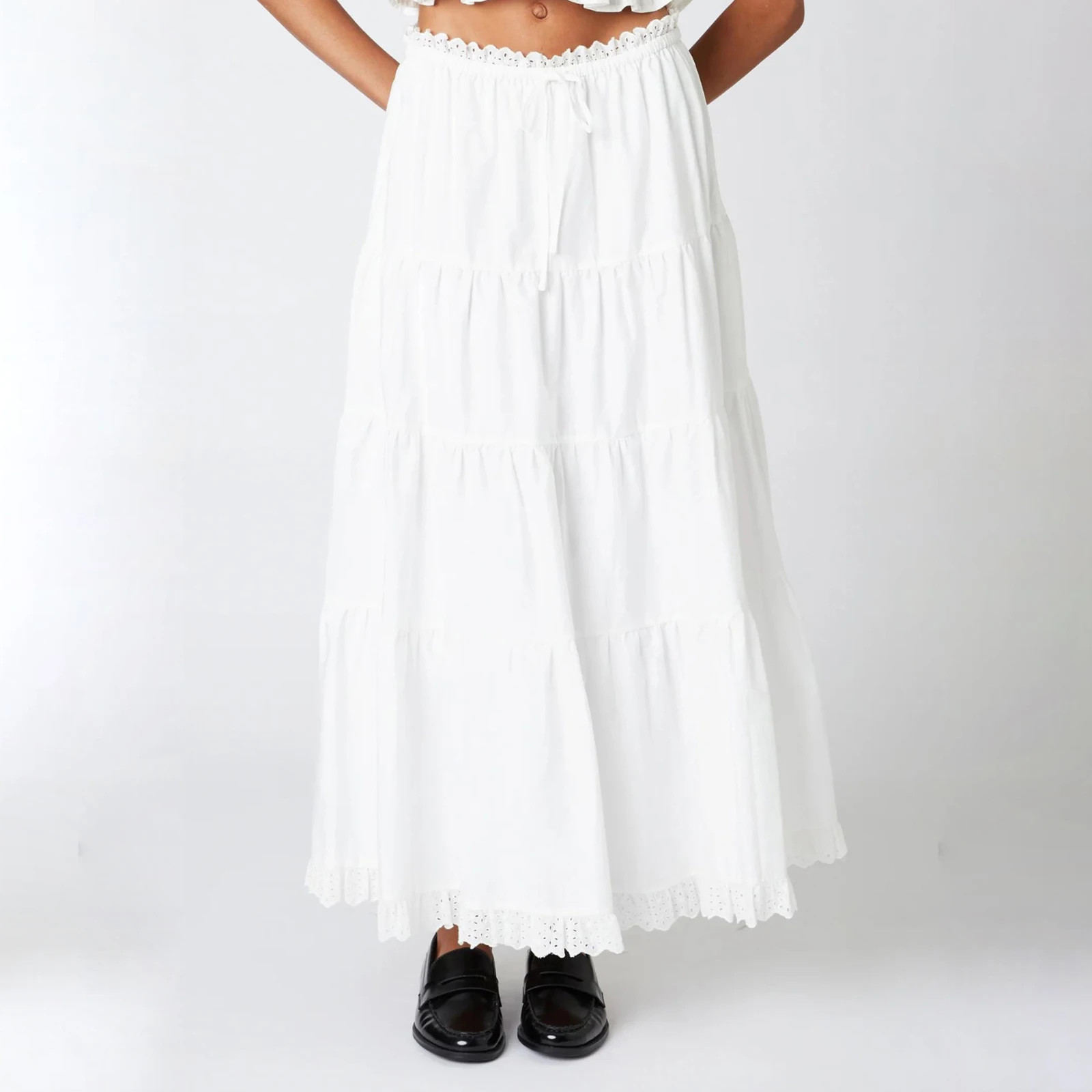 

Early Autumn Solid Color A-Line Long Skirt Women Low Waist Lace Eyelet Patchwork Tiered Skirt