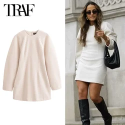 TRAF Women 2024 Tweed Dresses Women's Dress Off White Mini Dress Autumn O-Neck Long Sleeve Dresses Solid Casual Women's Dresses