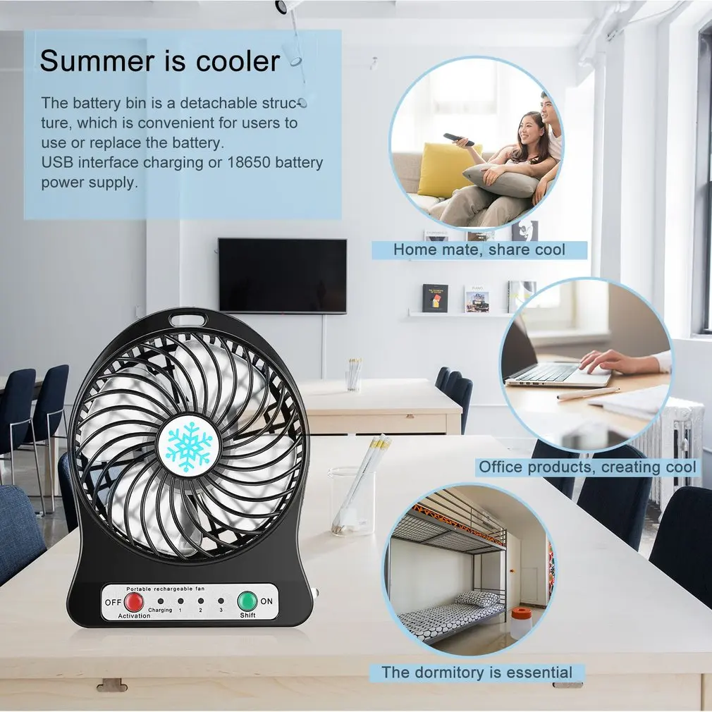 Mini LED Fan Air Cooler Silent Small Fan USB Charging Desktop 3 Mode Speed Regulation LED Lighting Function For Home Office