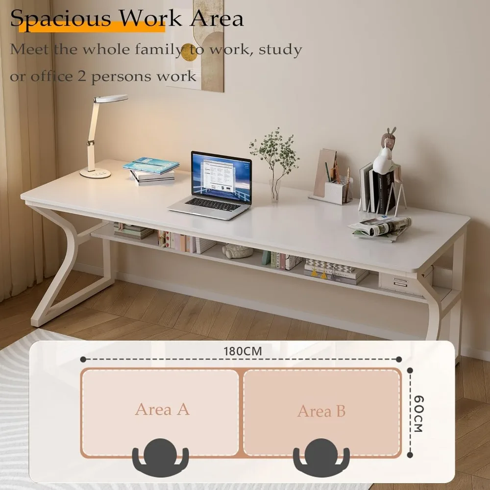 Elegant 71 Long Dual Desk with Built-in Bookshelf for Home Office, Study, and Computer Workstation