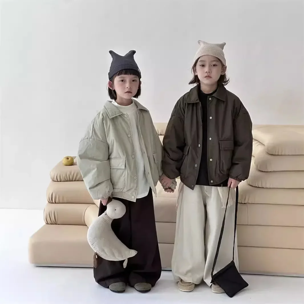 2024 koreanische Version Winter Kinder Seite Tasche Revers Retro Dicke Baumwolle Mantel