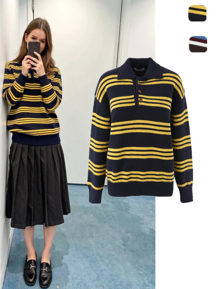 Retro American College Sle Gestreepte Lazy Faionable Knitwear Casual losse Koreaanse Sle Sweater Turn-down kraag Warmte
