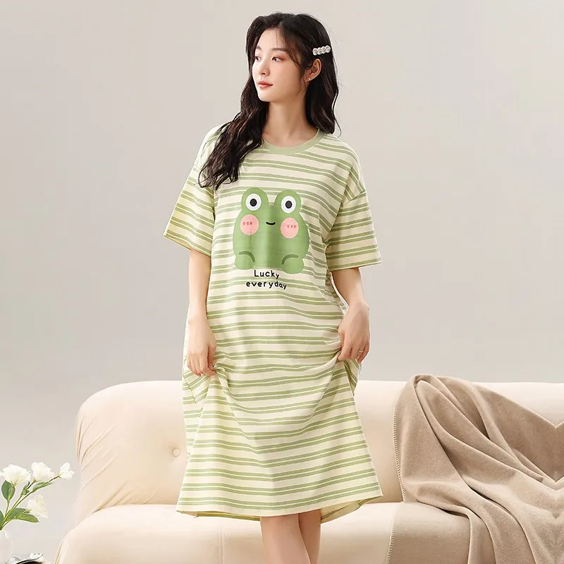 Pass-time (built-in pad) short-sleeved sleeping one-piece women Summer strip long tea puller homewear pajamas OP1868