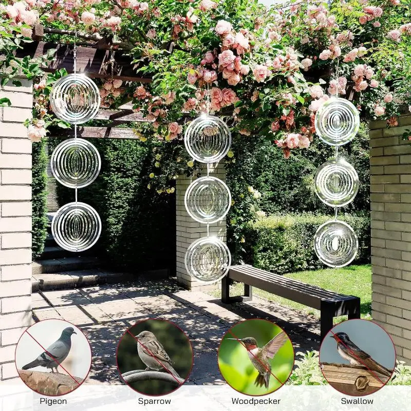3D Rotating Heart Bird Deterrent, Stainless Steel Reflective Wind Chime with Hook for Garden Farm view 5
