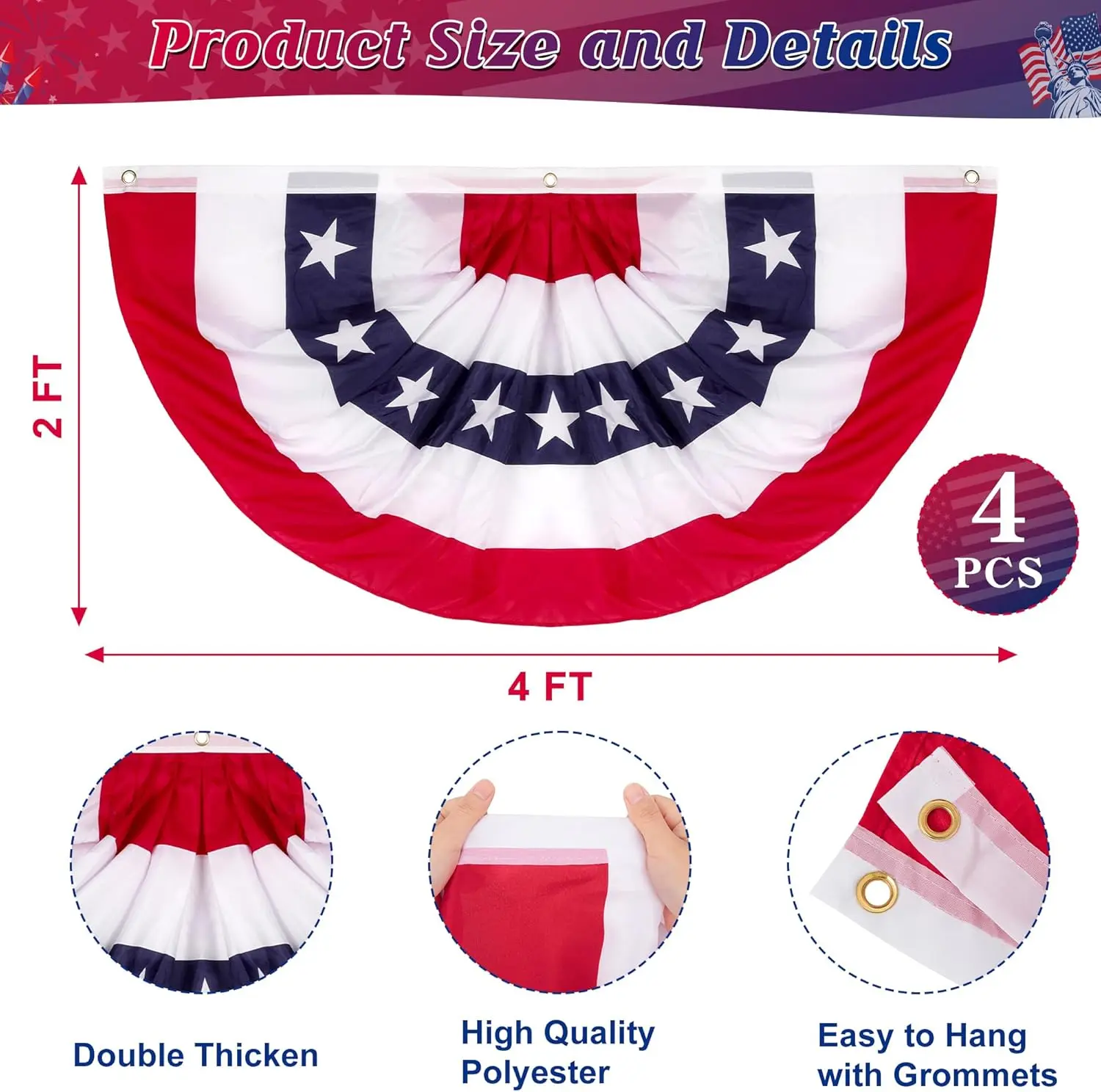 Flagicts 100% Polyester 4 PCS 4th of July Half Circle Fans Embroider America USA Flags