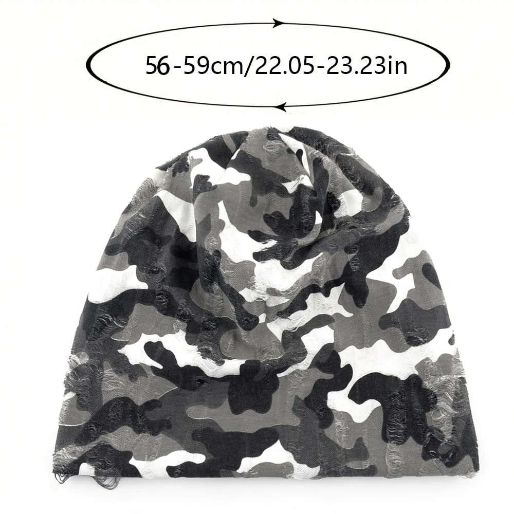Unisex Camouflage Print Beanie Hat With Distressed Holes Lightweight Stretchy Beanies For Men Women Streetwear Bonnet Cap