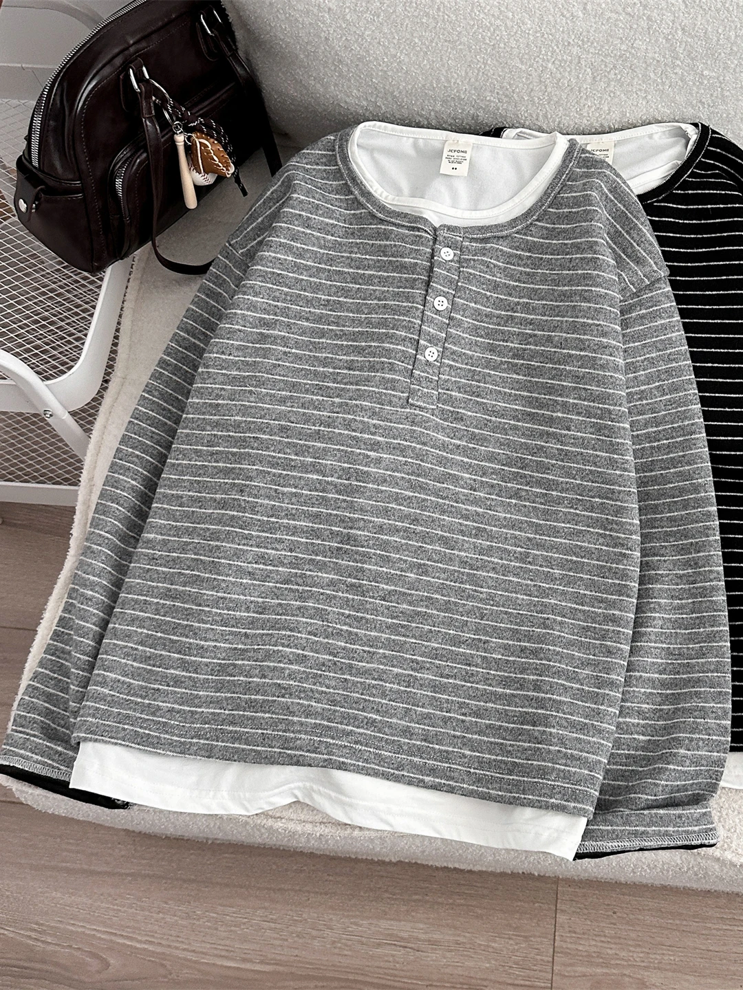 Autumn Loose Long Sleeve Men's Base Layer T-Shirt False Two-Piece Striped Casual American Retro Youth Versatile Top