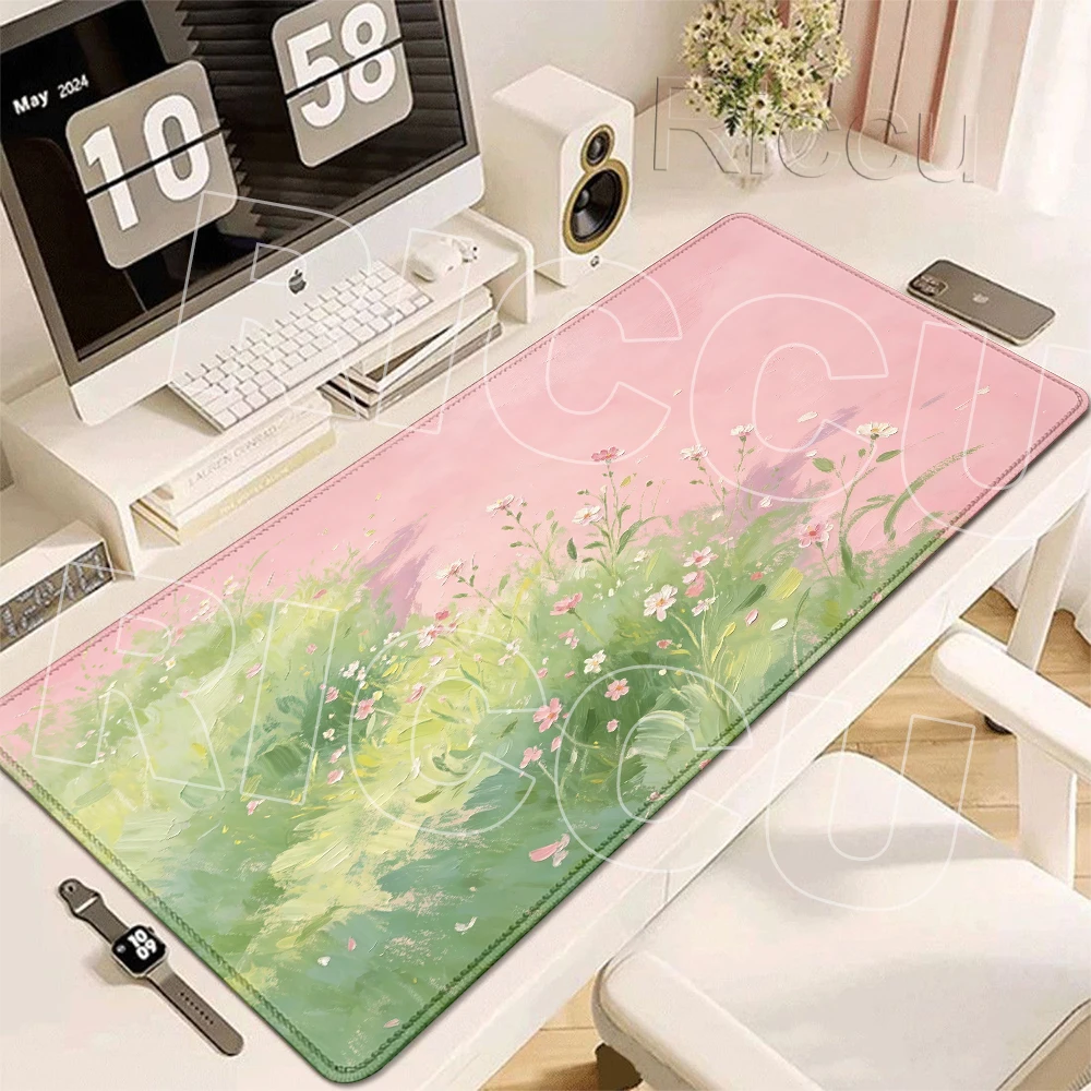 Oil Painting Aesthetic Art Extended Flower Plants XXL Mouse Pad Kawaii Gaming Rugs Game PC Accessories Rubber Desk Protector Mat