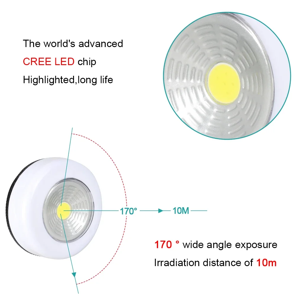 Luz LED nocturna COB redonda para debajo del gabinete, lámpara de iluminación con pegatina adhesiva para cocina, armario, dormitorio, escalera