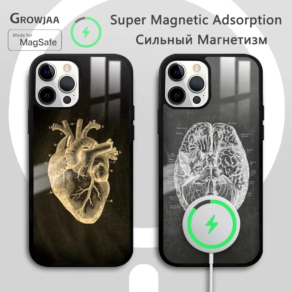 

Anatomy Skeleton Chalkboard Heart Phone Case For iPhone 16 15 14 13 12 11 Pro Max Plus Mini New Magsafe Mirror Wireless Magnetic