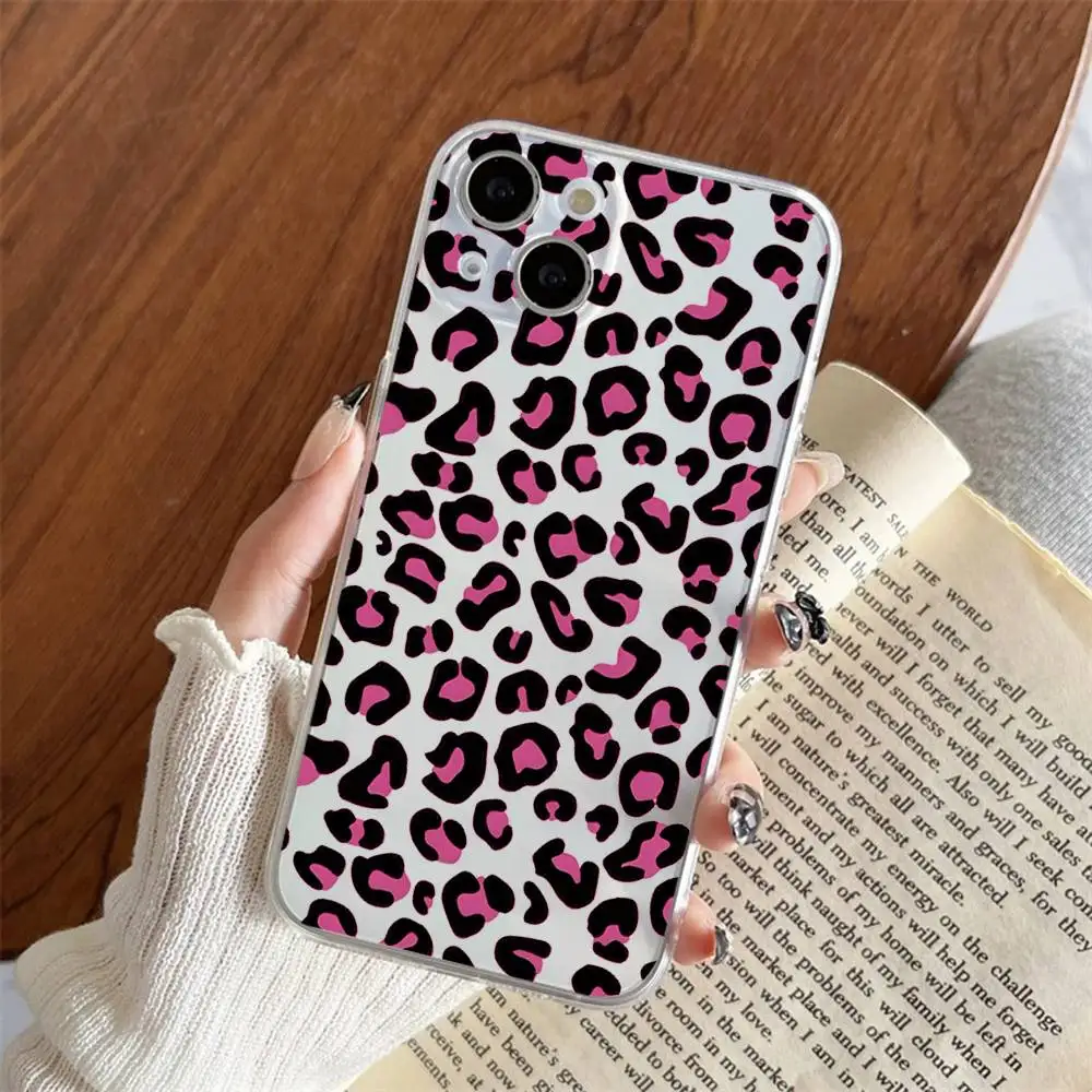 1pc Pink Leopard Print Phone Case Transparent For IPhone 17 16 15 14 13 12 11 PRO MAX PLUS Mini Soft Skin-friendly Cover