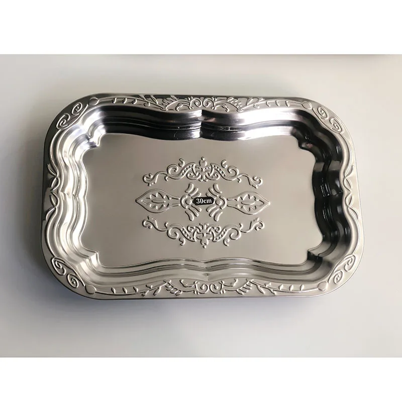 

1PCS Stainless Steel Rectangular Tray with Embossed Design for Kitchen Living Room Storage Durable Fruit Snack Cake Serving Dish