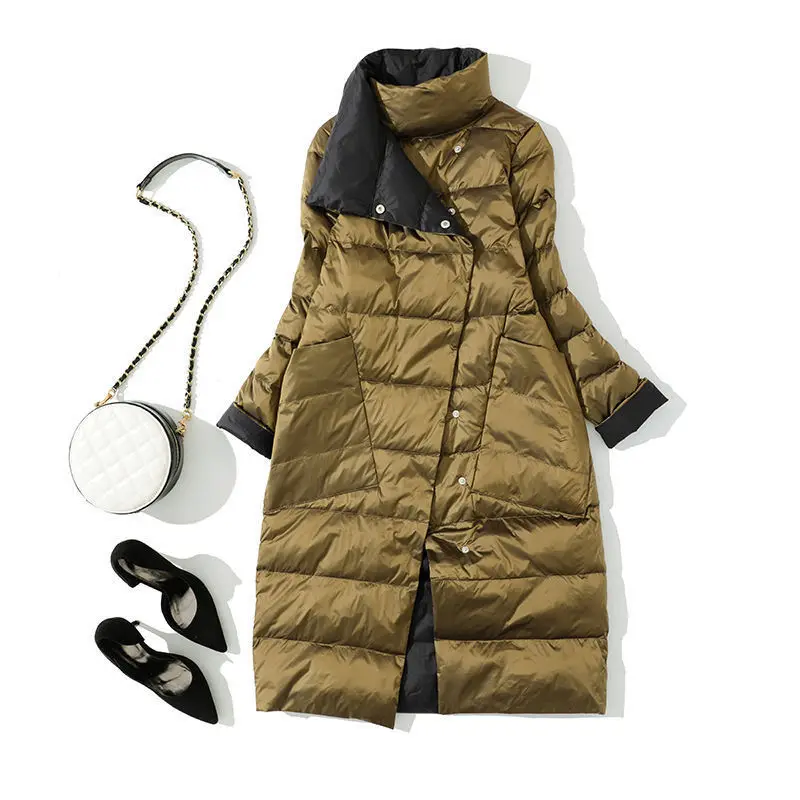 2022 Fashion Women Double Sided Down Long Jacket Winter Turtleneck White Duck Down Coat Double Breasted Warm Padded Parkas Snow