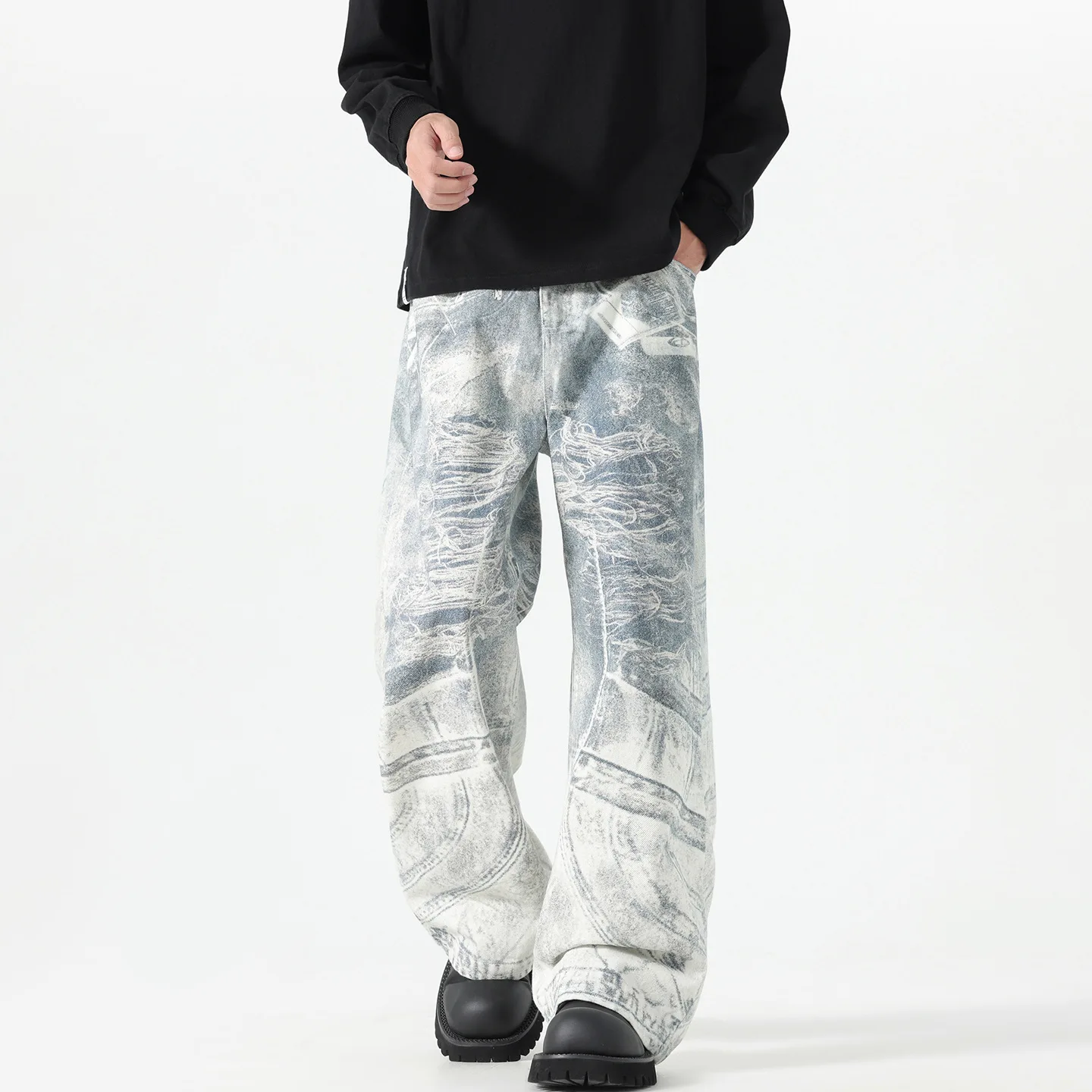 2026 Fashion Men‘s Women's 3D Chain Printed Contrast Color Jeans Niche Design High Waist Casual Denim Pants Female Trendy  Male