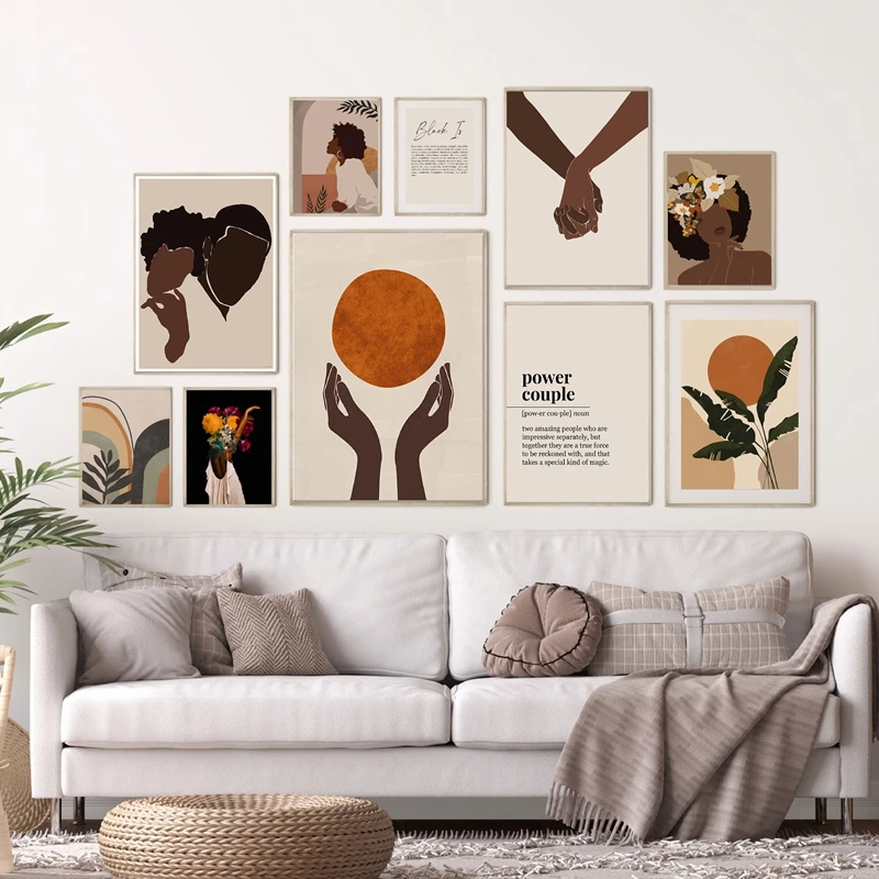 (2D Canvas Painting)  Black Woman Man Illustration Abstract Prints African American Couple Love Poster Boho Hands Canvas Pain