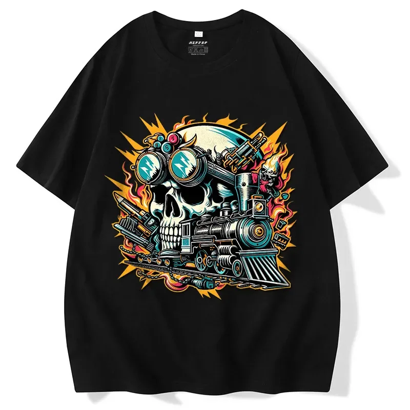 Trendy Skull Pirate T-shirt Punk Fan Car Print Pure Cotton Unisex Children's & Adult Top Fashion Streetwear