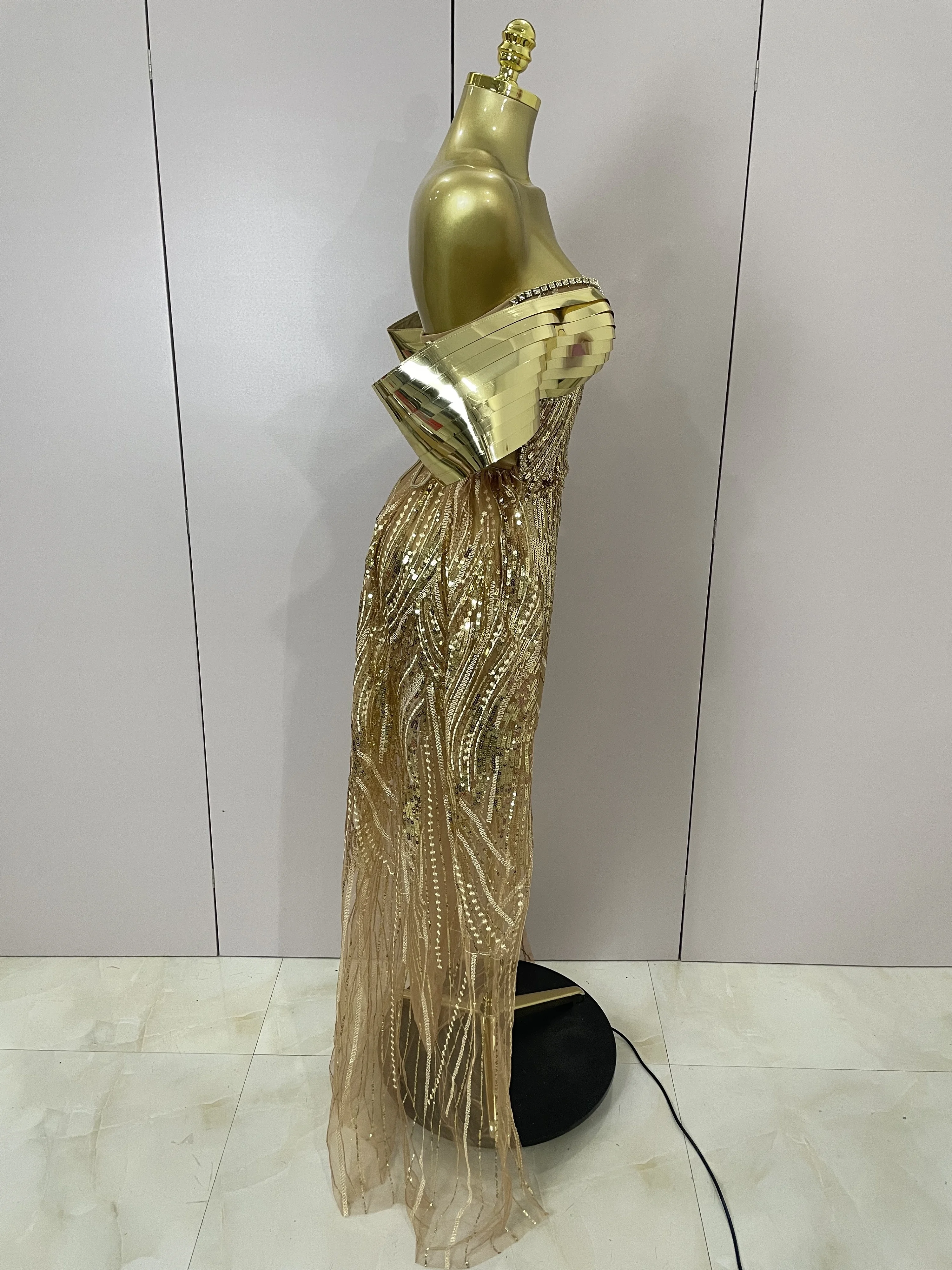 sequin mesh dress gold Luxury Sparkle Diamonds Sequins See Through Long Women Birthday Party Gown Sexy Nightclub Singer Stage Costume elegant party dress for wedding