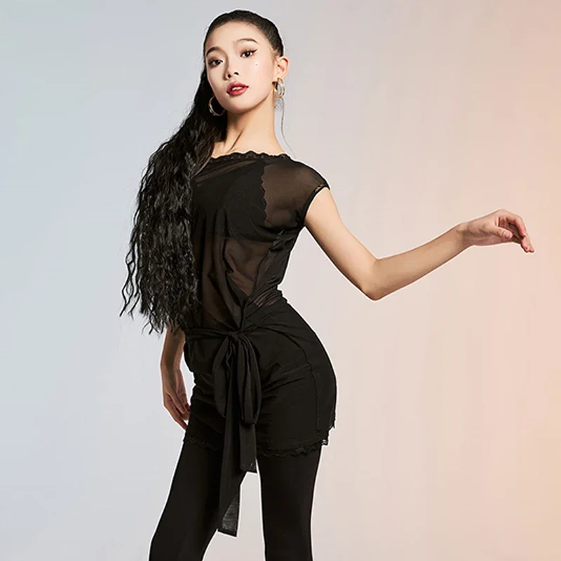 

2025 Women Latin Dance Training Smock Adult Mesh Loose Short Sleeves Tops Rumba Samba Dancing Wear Line Dance Costume