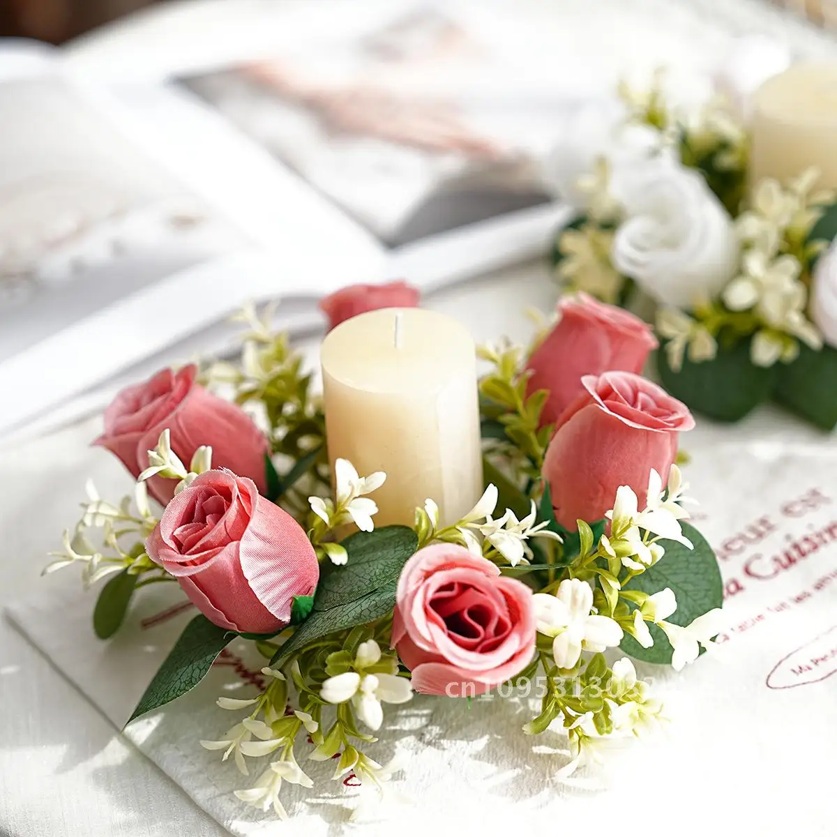 

Simulation Eucalyptus Candlestick Wreath Easter Halloween Decoration Wreath Rose Wax Table Top Decoration