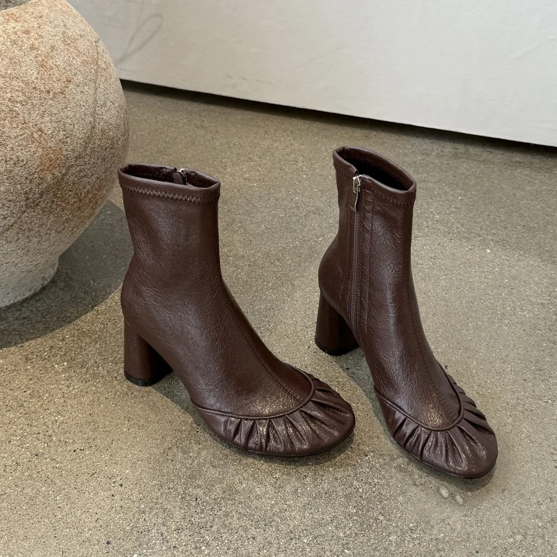 MKKHOU Genuine Leather Ankle Boots Women Ruched Round Toe Side Zipper Block Heel Stretch Slim Booties Fall Winter Boots Women