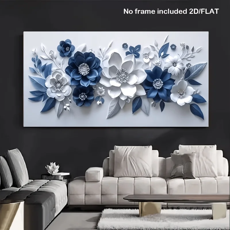 1 modernes, minimalistisches blau-weißes Blumen-Leinwandposter, abstrakte, rechteckige Wandkunst, geeignet für Zuhause, Büro, Café