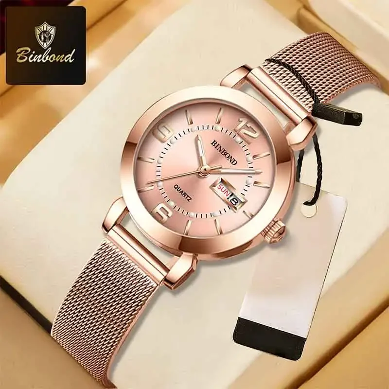 

BINBOND новые модные повседневные женские кварцевые наручные часы Deluxe со светящимися стрелками, водонепроницаемые часы с датой, многофункциональные платья, женские часы
